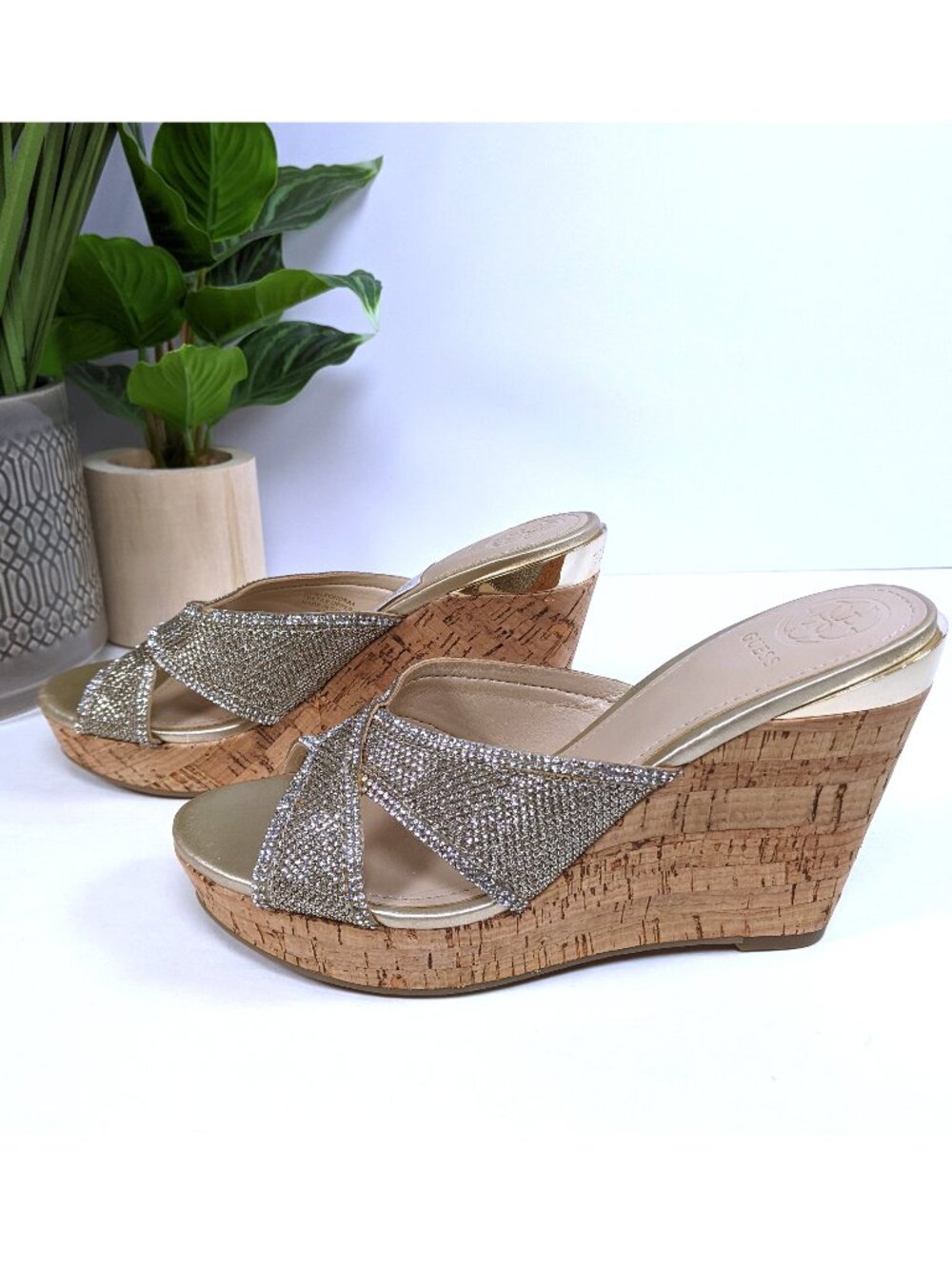 Guess Gold Rhinestone GWELEONORA Cork Wedge Platform Sandals 6 1/2M New